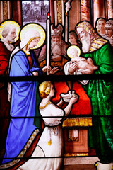 Saint Leonard church.  Stained glass.  The Presentation of Jesus at the Temple. . Honfleur. France.