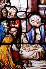 Saint Leonard church.  Stained glass.  Nativity of Jesus. Adoration of the Magi.  Honfleur. France.