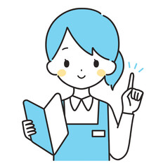 水色｜初心者マークを持つ女性店員｜指差し