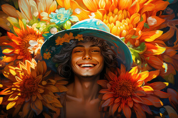 A young man up close, wearing a hat that looks like an oversized, vibrant flower, eyes blooming with happiness