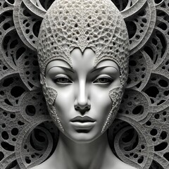 Fractal cracked marble head of mannequin entirely made of 3d fractals, transparent parts of the face constructed from fractals, 3d structure