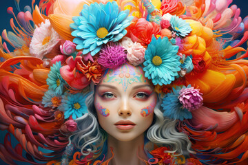 
Artistic illustration of a vibrant flower hat, worn by a person, close-up with their eyes blooming with happiness