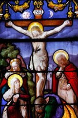 Saint Leonard church.  Stained glass.  Way of the cross. Station 12. Jesus dies on the Cross; Honfleur. France.