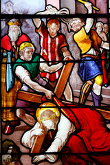 Saint Leonard church.  Stained glass.  Way of the cross. Station 9.  Jesus falls for the third time. . Honfleur. France.