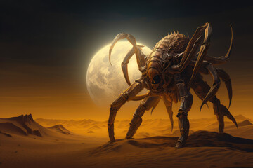 A colossal angry scorpion, with a barbed tail and crushing pincers, stalking the sandy dunes of a desolate, moonlit desert