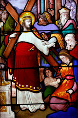 Obraz premium Saint Leonard church. Stained glass. Way of the cross. Station 8. Jesus meets the women of Jerusalem. Honfleur. France.