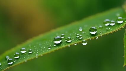 Macro view of dewdrops clinging to the surface of leaves.
