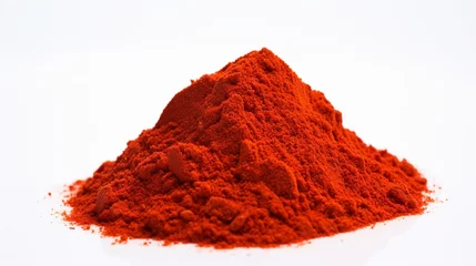 Fotobehang pile of ground cayenne pepper on a pristine white surface, showcasing the spice's vibrant red color and intense heat. © Khan