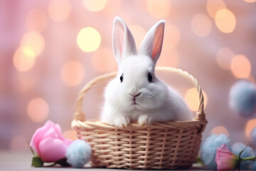 Naklejka na ściany i meble White rabbit in a basket on a spring pink bokeh background.