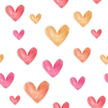 seamless pattern of hearts drawn in watercolor, for Valentine's Day, on a white isolated background