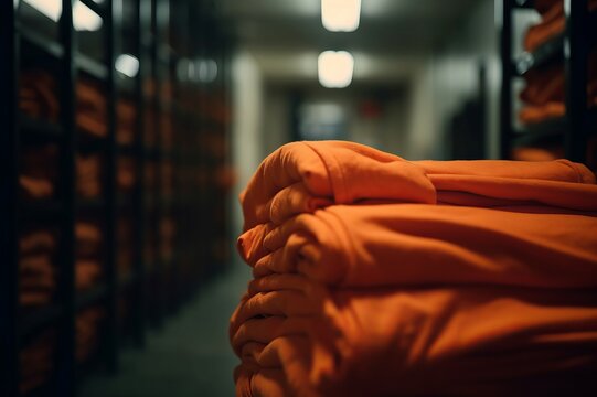 Orange robe prisoners garments. Individual detainee jail clothes equipment. Generate ai