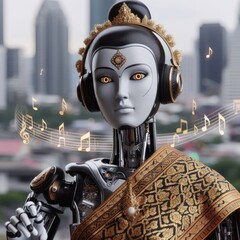 Female Humanoid robot wearing thai buddha dress[Black and golden] looking up to camera very seriously face - obrazy, fototapety, plakaty