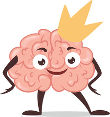Funny cartoon brain in golden crown human anatomy cute character vector flat illustration