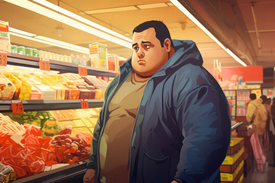 An Overweight Man In A Grocery Store, Staring Sadly At Healthy Food Options, With Blurred Shoppers In The Aisles