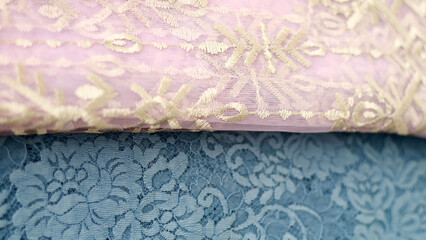 Pink and blue brocade fabric for making kebaya or Javanese blouse.     