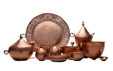 Copper Utensils with traditional art design On White or PNG Transparent Background.