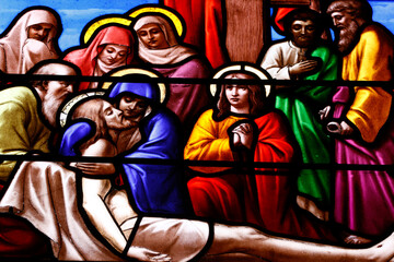 Obraz na płótnie Canvas Saint Aubin church. Stained glass. Way of the cross. Station 8. Jesus meets the women of Jerusalem. Houlgate. France.