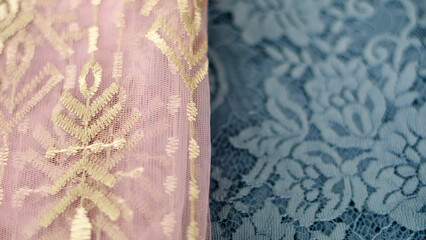 Pink and blue brocade fabric for making kebaya or Javanese blouse.     