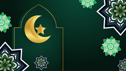 Fototapeta na wymiar Green white and gold vector background template for islamic ramadan celebration with mandala ornaments. Islamic ramadan blue luxury background with mandala for poster