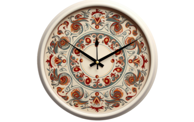 Mud Wall Clock with Colored Art Design in It On White or PNG Transparent Background.