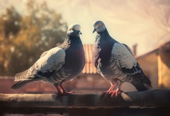 Fototapeta premium Pair of pigeons stood rustic scene. Dove birds sitting on rural countryside architecture. Generate ai