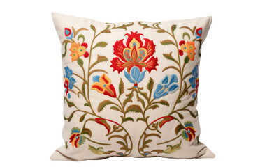White Pillow Cover with Colorful Flowers Stitch Art On White or PNG Transparent Background.