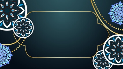 Blue white and gold vector background template for islamic ramadan celebration with mandala ornaments. Islamic ramadan blue luxury background with mandala for poster