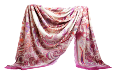 Shawl printed in multicolor design with pink border On White or PNG Transparent Background.