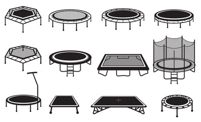 Trampoline jumping entertainment for indoor outdoor leisure activity black icon set isometric vector