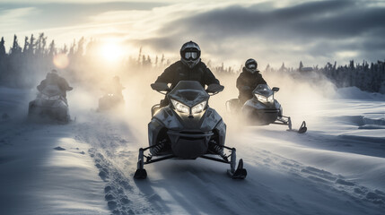 a group of people in snowmobile ride in snowy landscape