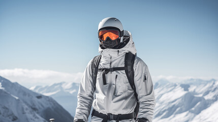 Fototapeta na wymiar man on the mountain wearing ski suit and ski goggles