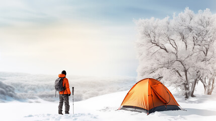 young man standing in front of his tent