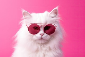 white cat portrait in red glasses. banner with a soft pink background Peach Fuzz
