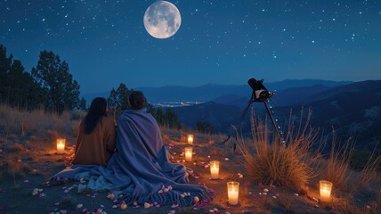 Fototapeta na wymiar young couple looking out to romantic night sky in valentines day pragma