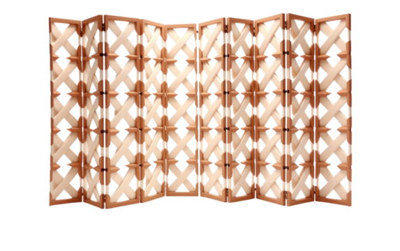 A Korean Hanji Paper Folding Screen Divider in Brown and Pink color and cross overlap design On White or PNG Transparent Background.