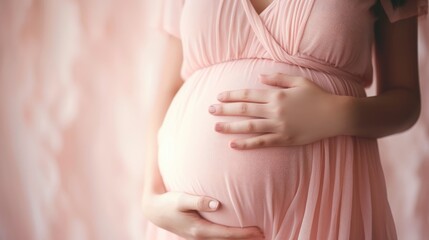 Young beautiful sexy and stylish pregnant woman on a pink background. Banner horizontal.
