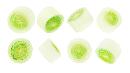 slices of chopped leek at different angles, on a white isolated background