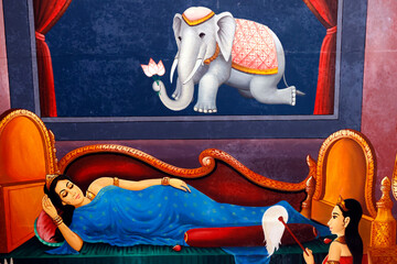Wat Sras Chak. Life of Siddhartha Gautama, the Buddha.  Life of Siddhartha Gautama. The white...