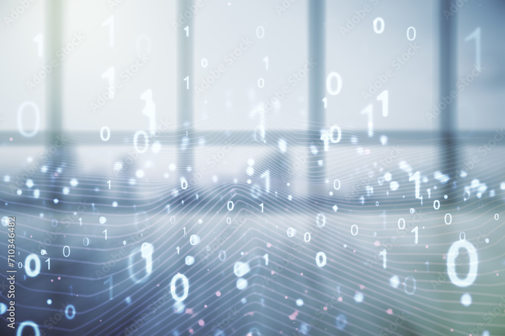 Aufkleber Abstract virtual binary code illustration on empty corporate office background. Big data and coding concept. Multiexposure