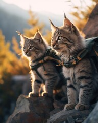 Obraz premium Two kittens with backpacks sitting on a rock. Generative AI.