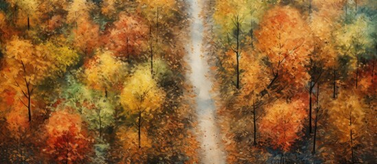 A bird's-eye perspective of a road in a fall forest with vibrant trees