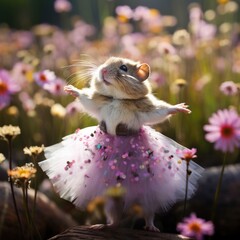 A hamster dressed in a tutu and standing in the middle of flowers. Generative AI.