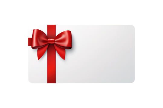 Blank white gift card with red ribbon bow isolated on transparent background Remove png, Clipping Path, pen tool