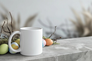 Easter mockup of a blank white mug with wood branches, mini flowers, and pastel eggs on a concrete table. Modern elegant blank space for marketing POD product mugs