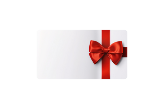 Blank white gift card with red ribbon bow isolated on transparent background Remove png, Clipping Path, pen tool