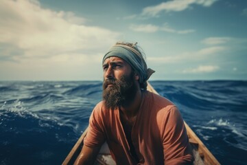 Sailor survival on boat in the middle of ocean. Fisherman survivor oceanic expedition adventure. Generate ai