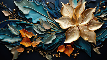 beautiful luxury  blue and gold leaves on dark background
