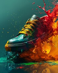 Lonely sports sneakers floating in the air with bright colorful splashes of paint. Bright and modern sports shoes for sports on a beautiful background. Sneaker advertising, marketing concept. Stylish