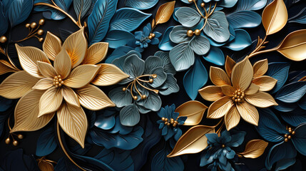beautiful luxury  blue and gold leaves on dark background