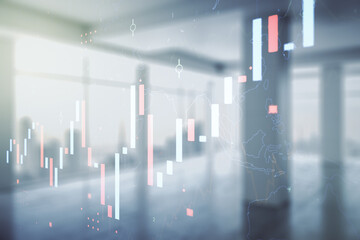 Multi exposure of virtual creative financial chart hologram on empty modern office background, research and analytics concept